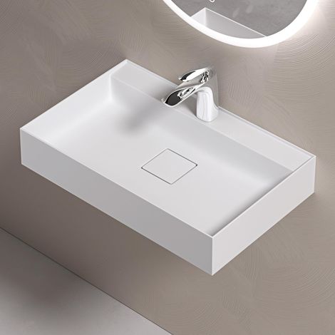 doporro Lavabo sobre Encimera Lavabo Suspendido de Mármol Fundido 50x38x12cm en Blanco Mate con Desagüe Colossum630