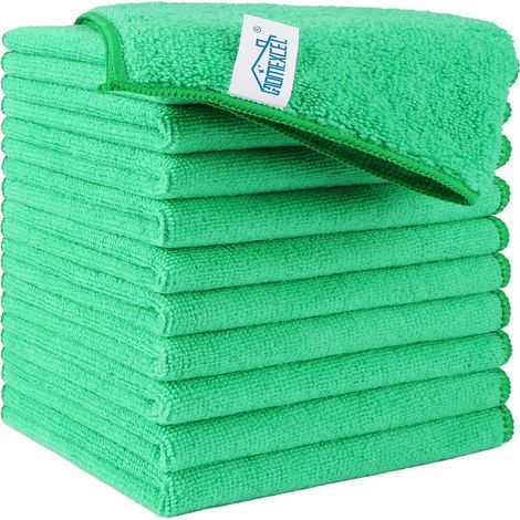 Set of 12 Green Microfiber Cloths, Lint-Free, Scratch-Resistant, Absorbent, for Car, Home, Kitchen (1/5)
