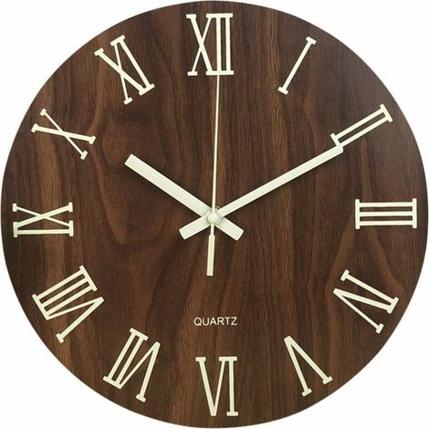 Luminous Wall Clock, Glow in The Dark Silent Non-Ticking Wall Clocks, Quartz Wall Clock with Roman Numerals for Living Room, Dining Room, Kitchen, Round, Battery Operated(dark brown) (1/4)