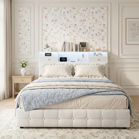 Lit Coffre double 140x190 cm Velours Beige, Lit rembourré avec LED et USB - Tête de Lit avec Rangement Intégré - Sommier à Lattes, Scandinave
