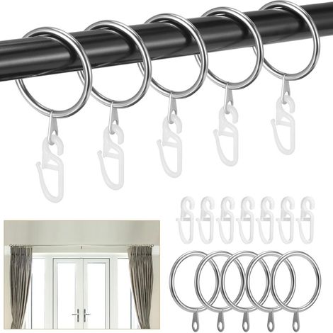 Un lot de 45 anneaux de rideaux en métal et 45 crochets, anneaux de suspension argentés, pour tringles à rideaux et barres de douche.