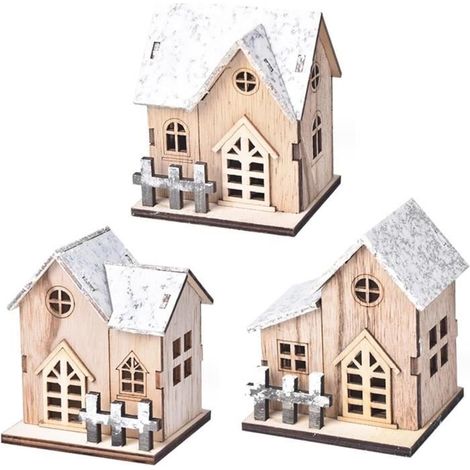Ensembles De Village De Noël 3pcs Led Lumineux Scène De Village De Noël En Bois Mini Décorations De Maison De Noël