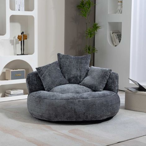Fauteuil poire XXL gris en chenille, fauteuil lounge cocooning avec dossier haut et 3 coussins, canapé relax sans structure, salon chambre bureau (1/5)