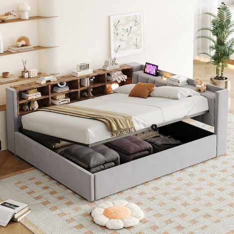 Polsterbett 140x200 mit Stauraum und USB, Multifunktionsbett Samt Hellgrau, Schlafsofa mit hydraulischem Bettkasten und Ablagefächern (1/5)