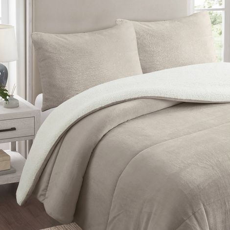 Couette polaire microfibre doublé sherpa 180x260 cm BICOLORE taupe, par Soleil d'ocre