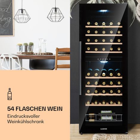 Klarstein Weinkühlschrank, Getränkekühlschrank Schmal, 2 Zonen Kühlschrank mit Glastür, Getränkekühlschränke Freistehend, Weinkühlschrank Klein, Weinkühlschränke mit UV-Schutz, 5-18°C, 54 Flaschen