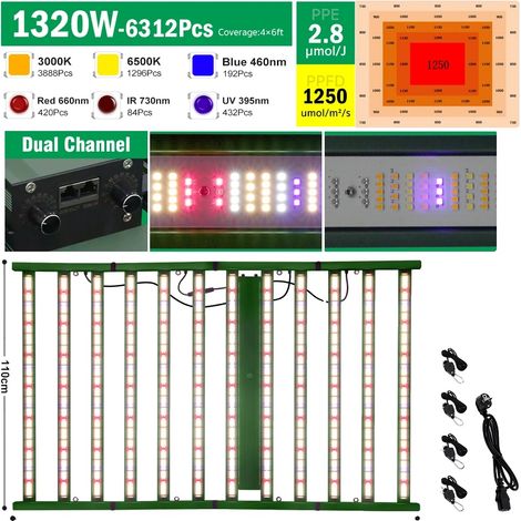 Lámpara LED de cultivo, espectro completo, alta eficiencia, 1320 W (1/2)