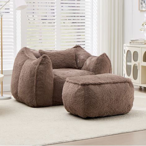 Fauteuil poire 123x97x73 cm kaki avec repose-pieds et coussin, en fausse fourrure MEUBLIV (1/5)
