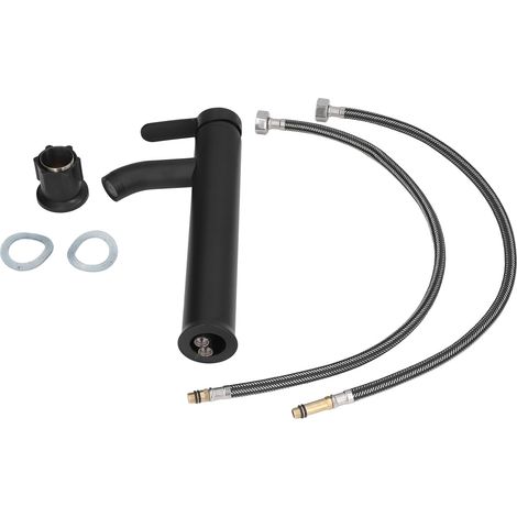 Robinet de salle de bain noir G1/2 en acier inoxydable, commande facile, haut, noir mat, avec 2 flexibles pour lavabo vasque. (1/5)