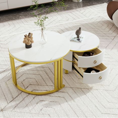 Couchtische rund aus MDF, weiß mit Marmoroptik, 2er-Set mit 2 Schubladen, 70 cm und 50 cm (1/5)