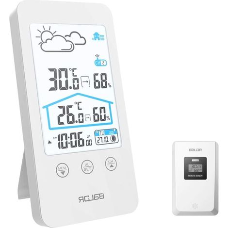 Station météo sans fil avec capteur extérieur, thermomètre et hygromètre pour intérieur et extérieur. Écran LCD couleur, calendrier, prévisions météo, commutation ℃/℉, mémoire des températures et humi (1/4)