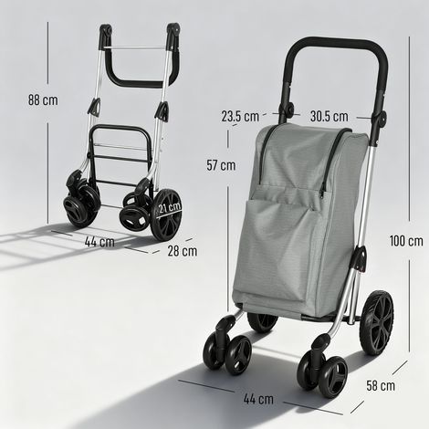 Chariot de courses pliable en aluminium (avec roulettes), sac de 46 litres, compartiment isotherme, poignée réglable, gris (1/5)