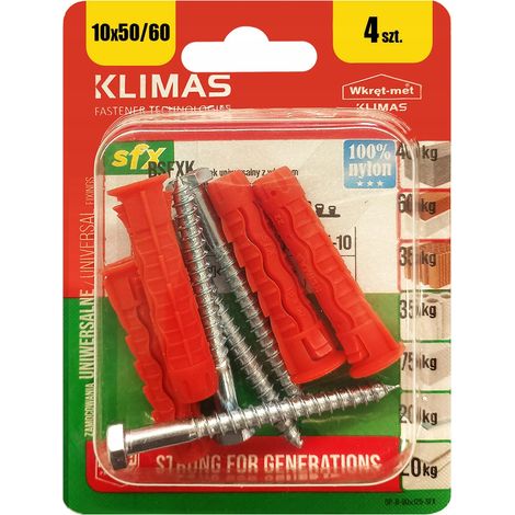 Chevilles Universelles Klimas 10 x 60 Avec Tete Hexagonale SW-10, Blister De 4