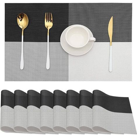 8-Piece PVC Placemats, 45x30cm Rectangle Black and White Checkered Pattern Table Mats, Washable, Heat Resistant, Non-Slip Dining Table Coasters