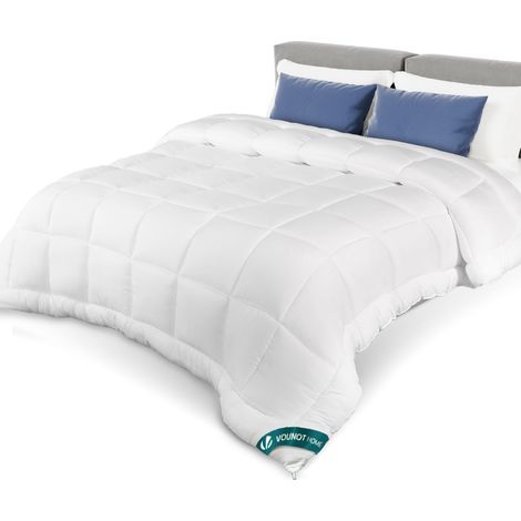 Vounot – Couette tempérée 200x200cm 300g/m² blanc – Garnissage microfibres 7D ultra-douces – Lavable en machine – Certifiée Oeko-Tex