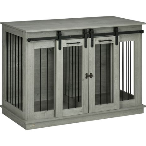 Gabbia per cani in legno grigio con doppia porta e divisorio 120 x 60 x 88,5 cm MODENUIT (1/4)