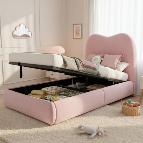 Bett 90x200 cm gepolstert aus rosa Samt mit Kopfteil, Lattenrost und großem Stauraum (1/5)