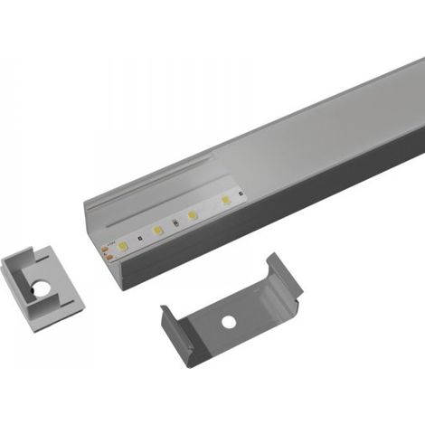 Kit Profilo Alluminio Completo Da 2 Metri Per Striscia Led, Alta, Dimensione 19.3X13mm, Larghezza Interna 15mm, 135g/m, Copertura Opale, Tappi Chiusura e Clip Fissaggio Incluso