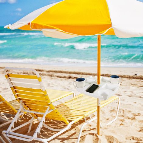Parasol de table avec porte-gobelets et compartiments à snacks pour terrasse, jardin et plage - Lot de 1 plateau en plastique pour ombrelles extérieur. (1/4)