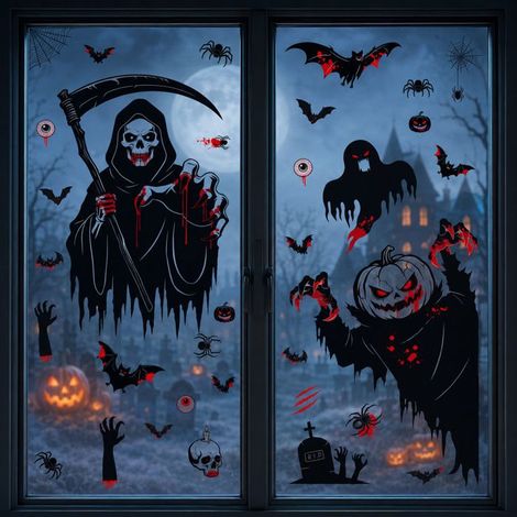 Décorations d'horreur pour Halloween : citrouille, crâne, faux, faucheuse, autocollants pour verre, chauve-souris, araignée, (L108) (1/5)