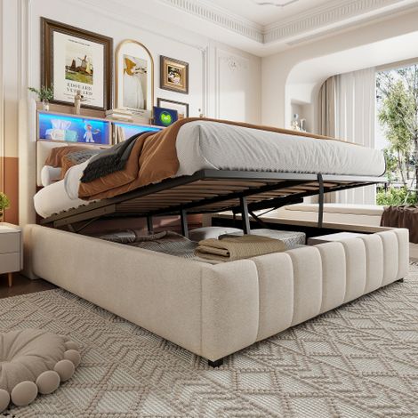 Letto imbottito 180200 cm con illuminazione a LED e presa USB, testiera con ripiani e vano contenitore, con meccanismo di sollevamento idraulico, letto matrimoniale per adulti, tessuto di lino beige. (1/5)