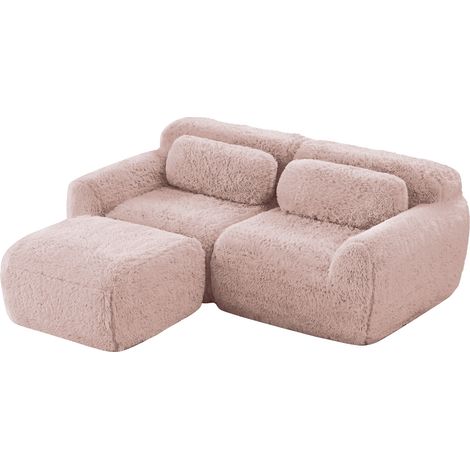 Canapé en L 2 places, tissu peluche doux, modulaire, combinable librement, avec coussins. Doux, mousse à haute élasticité, sans montage, adapté aux petits salons et espaces, rose