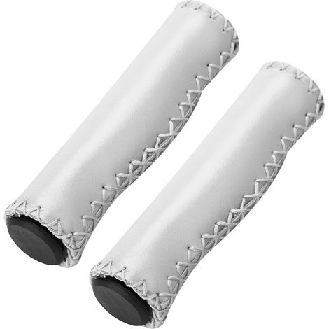 1 paire de poignées de guidon de vélo en PU cousues à la main avec bouchon (blanches) (1/5)