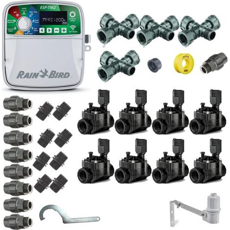 Rain Bird – Kit d'arrosage automatique 24 V à 8 zones – Programmateur intérieur – Électrovannes 100HV – Capteur de pluie – Pour tuyaux de 32 mm