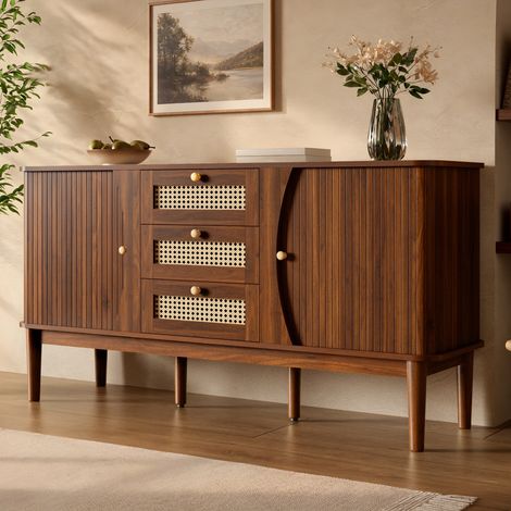 Aparador - 141 x 40 x 77 cm - puertas correderas de ratán, estantes ajustables, esquinas redondeadas - estilo moderno rústico - mdf - natural (1/5)