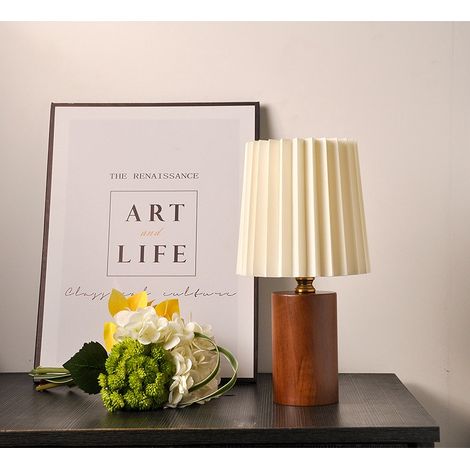 Lampe de table abat‑jour plissé socle bois noyer 16×31 cm USB variateur intensité, lampe chevet d’ambiance style scandinave (1/4)