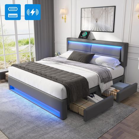 Cama doble tapizada con LED USB y 4 cajones OKMYHOME (1/5)