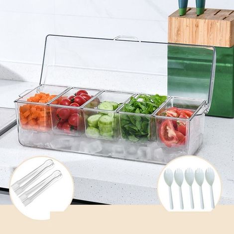1 plateau à condiments glacés, avec 5 récipients et couvercles, plateau de service réfrigéré pour bar et apéritif (1/5)
