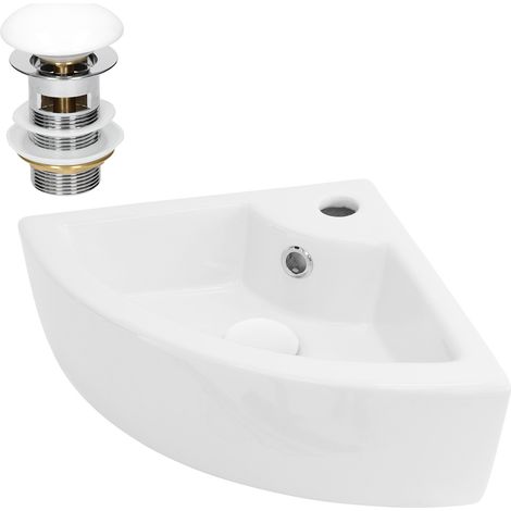 ML-Design Lavabo Esquinero de Cerámica 46 x 33 x 13 cm Blanco con Juego de Desagüe Fregadero de Pared o Sobre Encimera Pila Moderna Lavamanos para Baño o Aseo con Agujero para Grifo y Rebosadero (1/5)