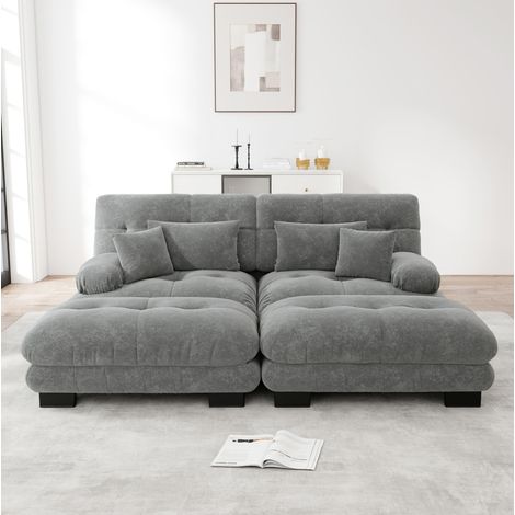 Sofa aus Chenille in Grau, modular mit 2 beweglichen Ottomanen, Cloud-Look und breiten Rundarmlehnen (1/5)