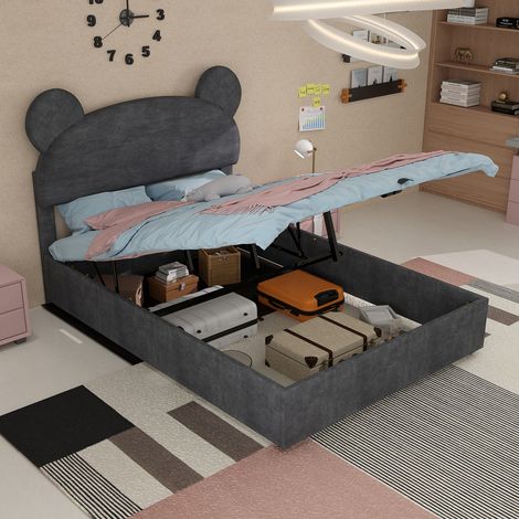 Cama tapizada de tela gris 140x200 cm con almacenamiento elevable y cabecero de forma cartoon (1/5)
