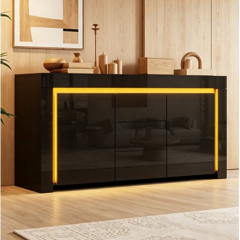 Aparador moderno 140 x 40 x 65 cm negro en MDF con 2 puertas, 3 cajones y LED (1/5)