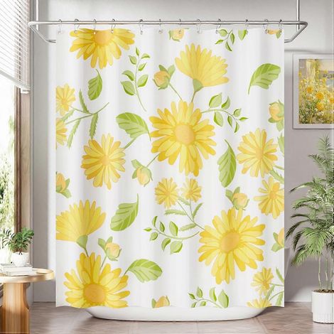Rideau de douche fleuri, ensemble de rideaux de douche en tissu lavable avec 12 crochets, motif rustique jaune gerbera et eucalyptus automnal (1/5)