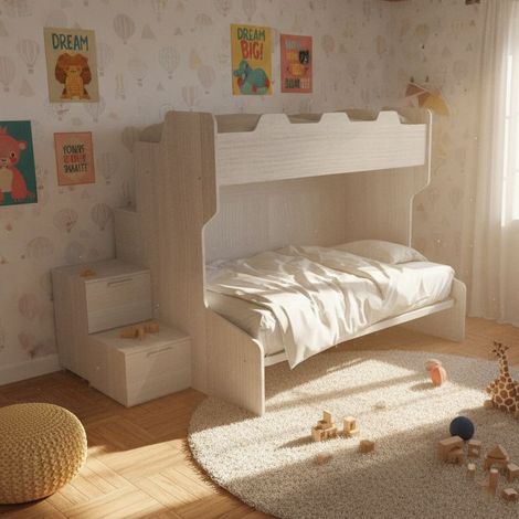 Letto a castello con gradini a cassetti e passerella - Una piazza e mezza e singola - Rovere rock