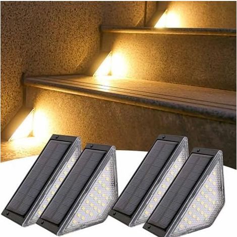 Lot de 4 lampes solaires LED pour marches (lumière chaude), luminaires d'extérieur lampes solaires étanches pour marches, adaptées aux allées, terrasses, jardins et cours. (1/5)