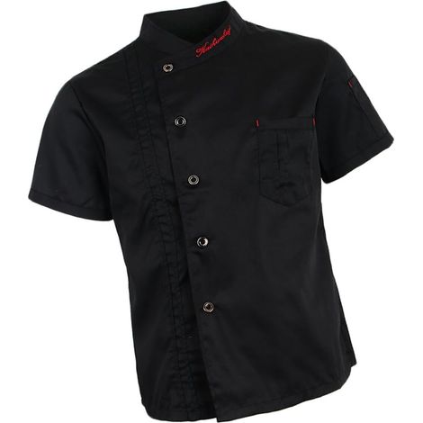 Uniforme Chef Blouse de Cuisinier Sergé Veste de Cuisinier Unisexe Manches Courtes, Rouge/Noir/Blanc, M-3XL (1/5)