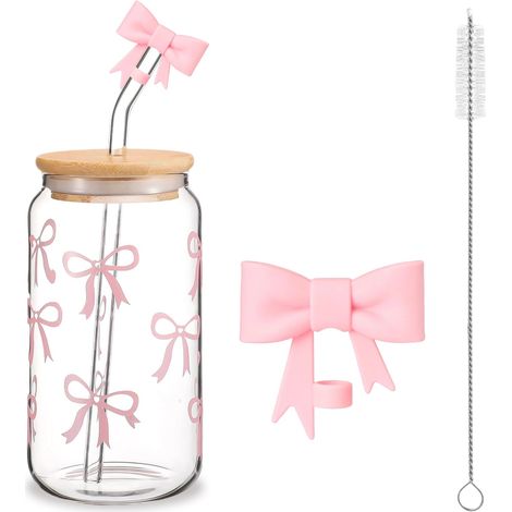 Gobelet en verre rose de 16 oz avec couvercles et pailles, design Bow, gobelet en verre pour café glacé, smoothie, matcha, cocktail, verres à (1/5)