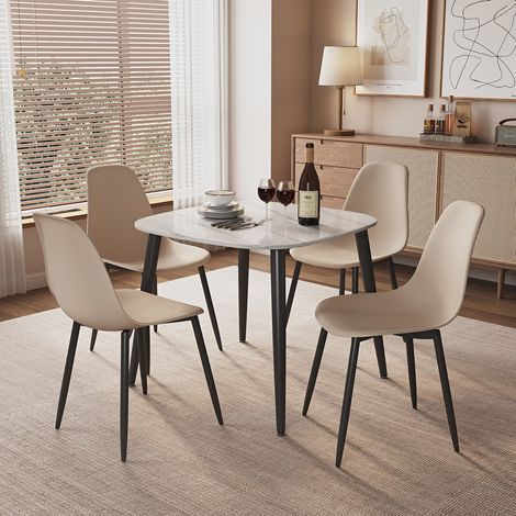 Aspen Gloss White Sintered Stone Square Table & 4 Calico Curve Chair Set - Metal/Plastic - L52 x W46 x H84 cm