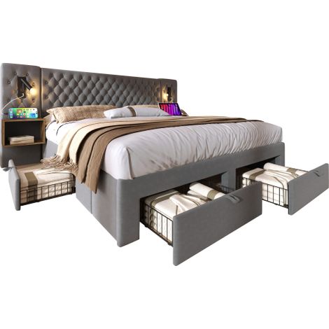 Ensemble complet, lit en tapis lit double 160×200 cm avec 2 tables de nuit et 4 tiroirs, lampe de lecture avec fonction de chargement USB, gris, velvet (sans matelas)