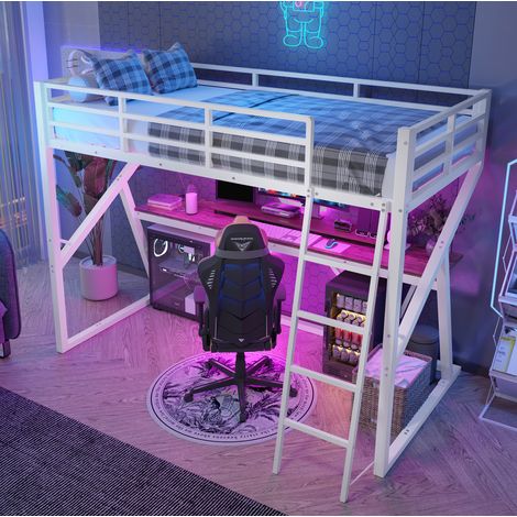 Cama alta 90x200 cm blanca de metal y MDF con escritorio, LED, barandillas y escalera (1/5)