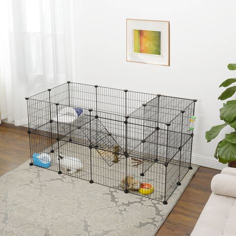Feandrea – Clôture modulable pour petits animaux – Enclos 2 niveaux 143 x 73 x 71 cm – Panneaux en treillis métallique – Usage intérieur sécurisé