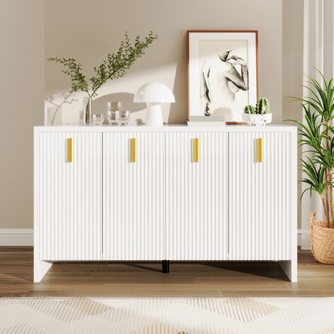 Meuble TV blanc moderne minimaliste, buffet élégant avec poignées dorées et étagères réglables, rangement flexible pour salon ou entrée, armoire basse scandinave avec compartiments ajustables (1/5)