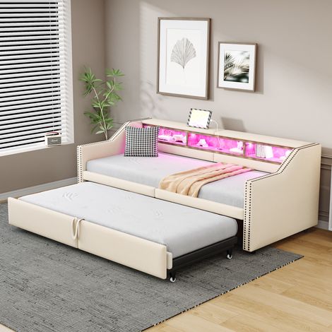 Canapé-lit gigogne en tissu beige 90/180x200 cm avec LED, USB et sommier à lattes (1/5)