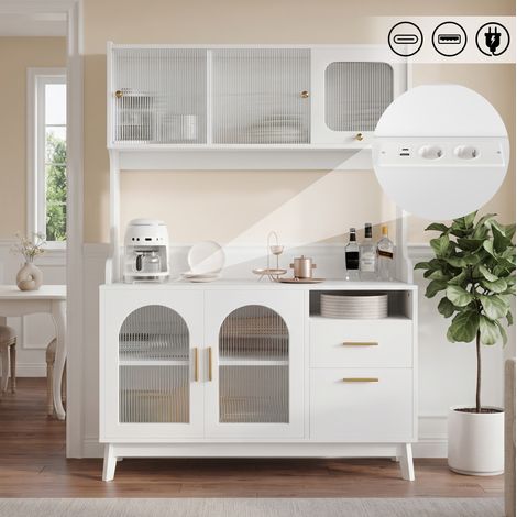 Credenza buffet 120 x 40 x 178 cm con 2 prese, USB-A e USB-C, bianco HAVRYA (1/5)
