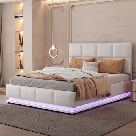 DESVIAE Lit coffre rembourré 140 x 200 cm avec LED télécommande et sommier à lattes relevable hydraulique en simili cuir blanc (1/4)