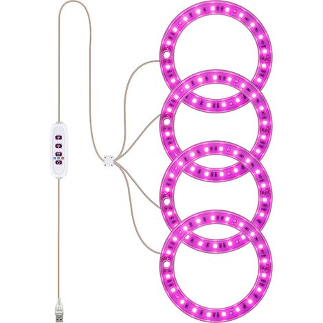 Vollspektrum-LED-Pflanzenlampe mit 20 LEDs, 8h/12h/16h Timer, 5 Helligkeitsstufen, verstellbarer Höhe, USB-Anschluss und Lichtring für Sukkulenten.
